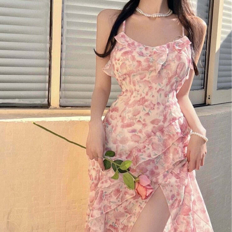 Rose Petal Trail Satin Kawaii Dress for Gen Z Streetwear Fashion