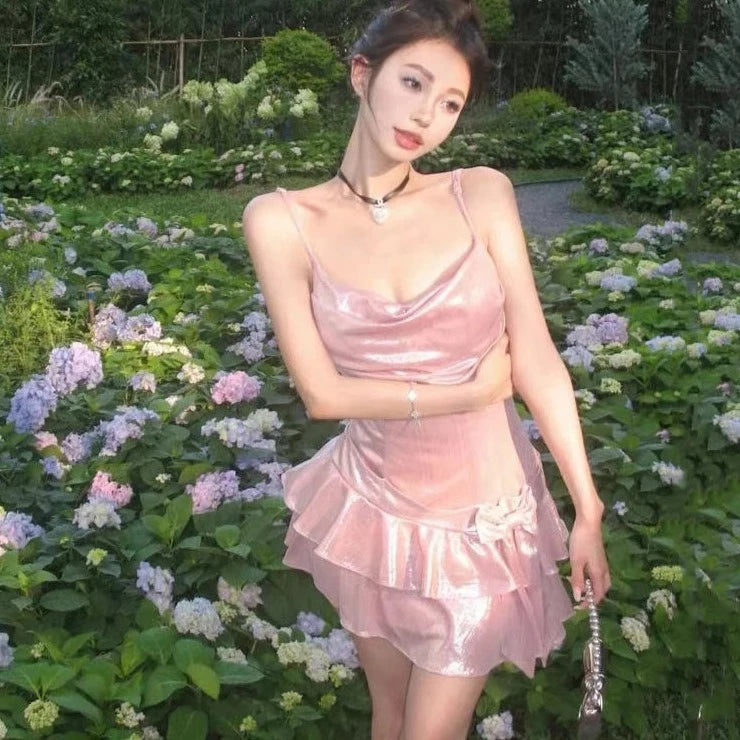 Rosy Pink Fairycore Princess Dress for Gen Z K-POP & Y2K Fashion