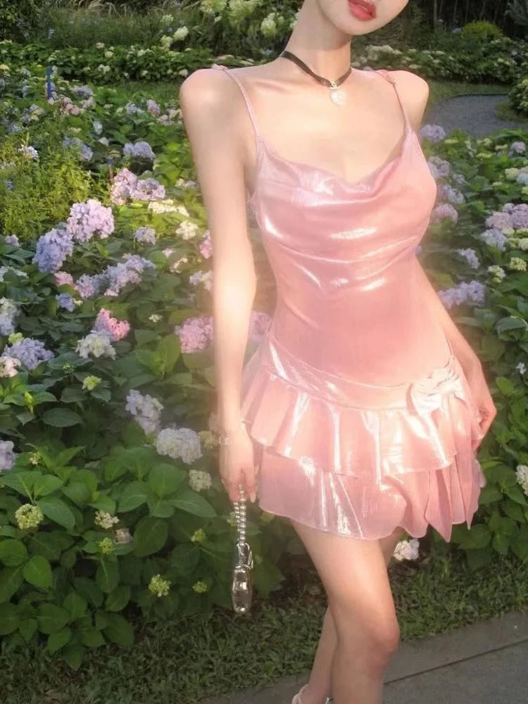 Rosy Pink Fairycore Princess Dress for Gen Z K-POP & Y2K Fashion