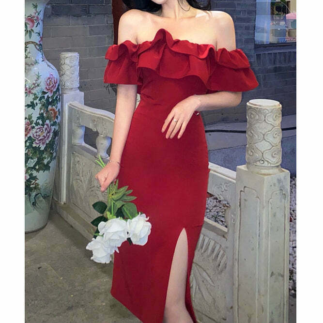 Ruffle Off-Shoulder Slit Prom Dress for Gen Z & K-POP Fashion