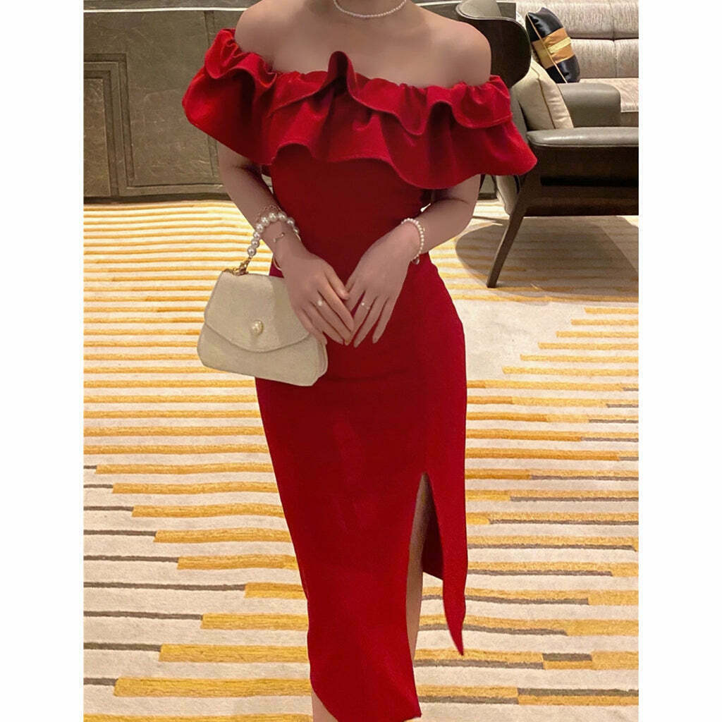 Ruffle Off-Shoulder Slit Prom Dress for Gen Z & K-POP Fashion