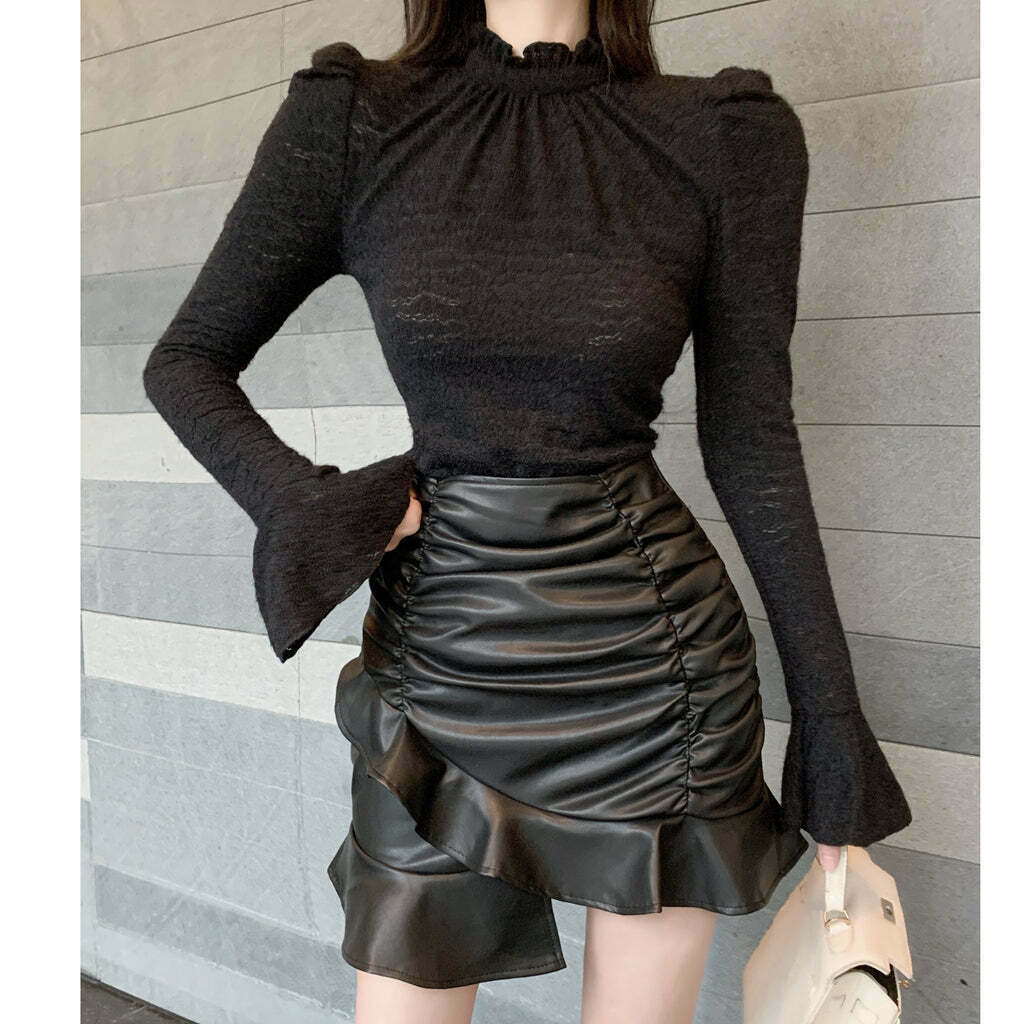 Ruffled Leather Skirt Set with Brushed Top | High Waist Streetwear Fashion