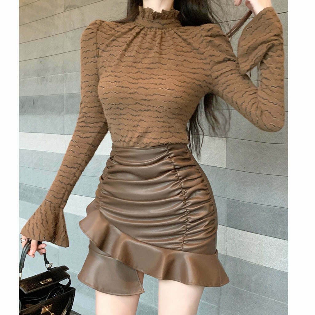 Ruffled Leather Skirt Set with Brushed Top | High Waist Streetwear Fashion