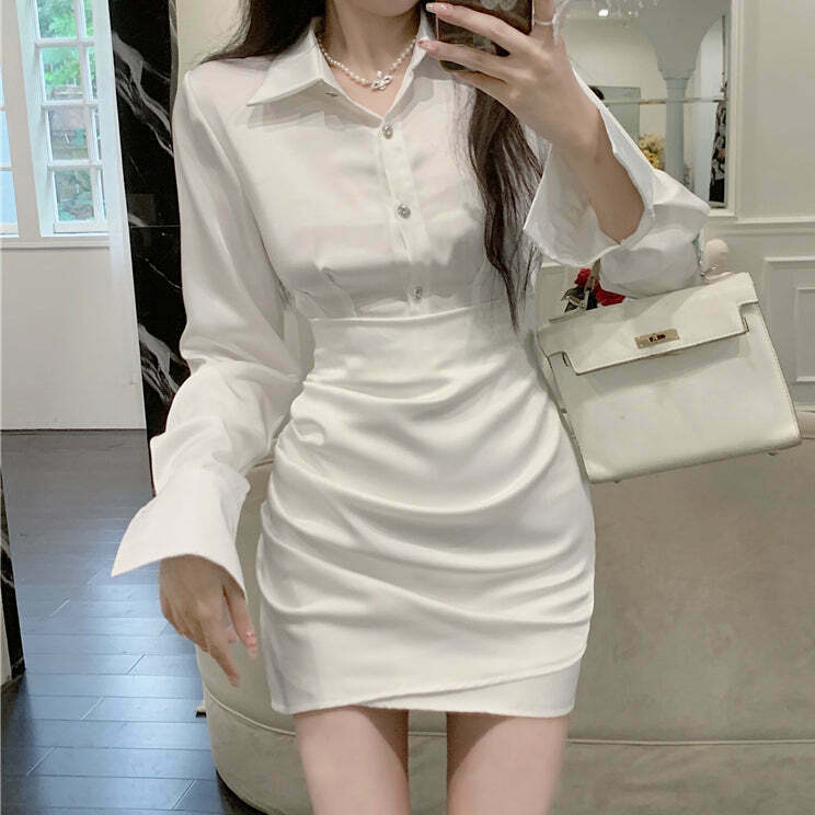 Satin Lapel White Shirt Dress | Long Sleeve | Gen Z Fashion