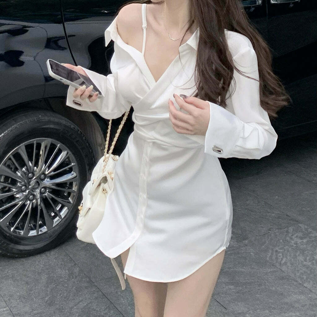 Satin Off-Shoulder Shirt Dress: Gen Z K-POP Streetwear Y2K