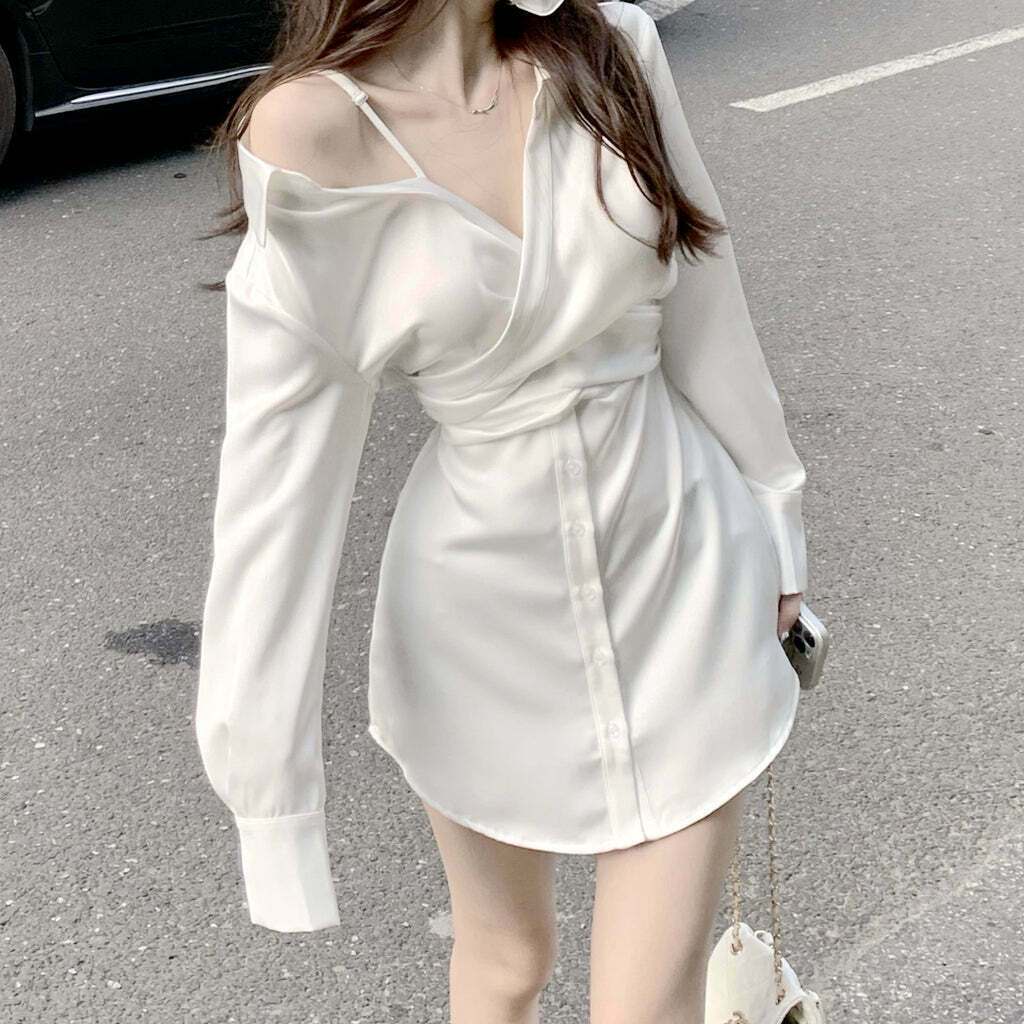 Satin Off-Shoulder Shirt Dress: Gen Z K-POP Streetwear Y2K