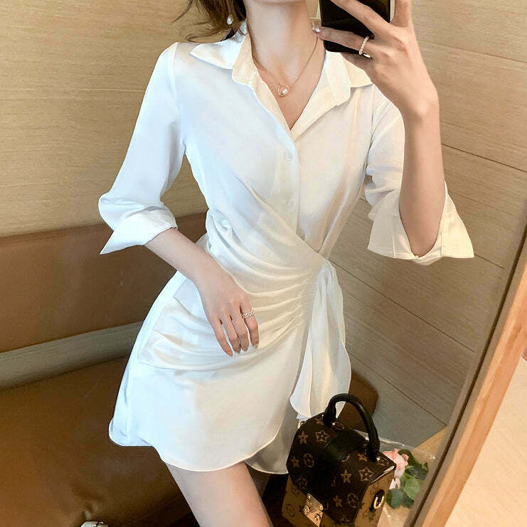 Satin Slim Fit Shirt Dress | Long Sleeve Streetwear Fashion