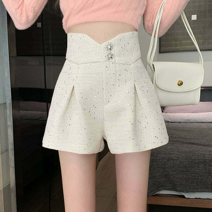 Sequin Embellished Wool High Waist Wide Leg Shorts for Gen Z Streetwear Fashion