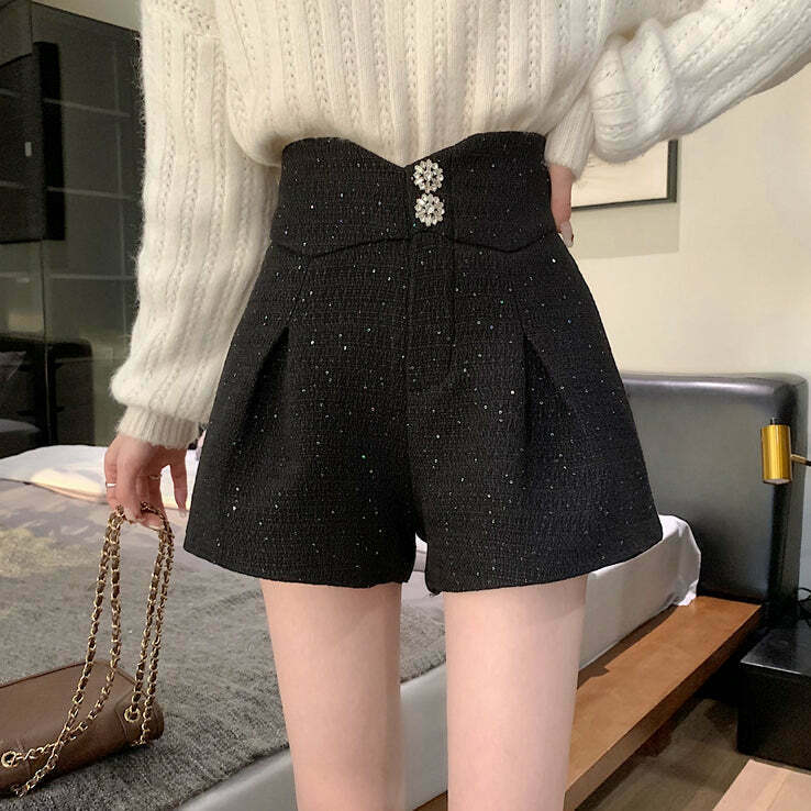 Sequin Embellished Wool High Waist Wide Leg Shorts for Gen Z Streetwear Fashion