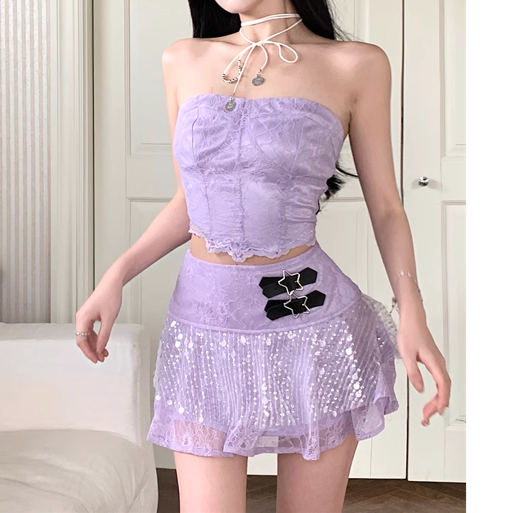 Sequin Lace Tube Top & High Waist Skirt Set for Gen Z Fashionistas