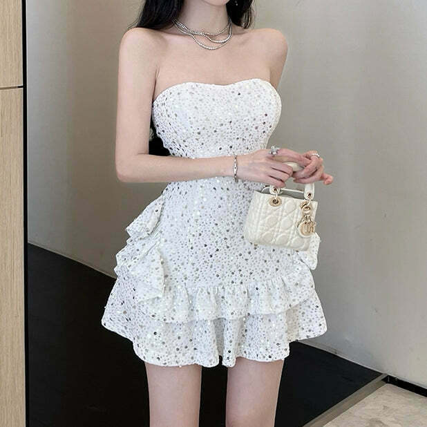 Sequined Bandeau Dress with Double Hem - Trendy Gen Z Fashion