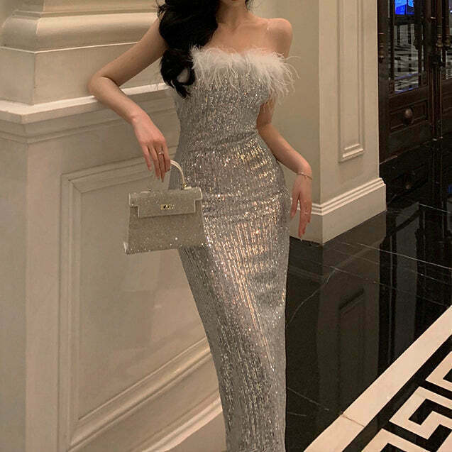 Sequined Fur Collar Slim Fit Prom Dress for Gen Z Streetwear