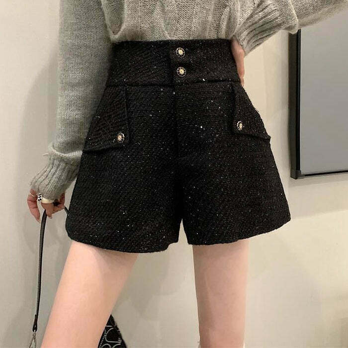 Sequined High Waist Black Wide-Leg Shorts for Gen Z Fashionistas