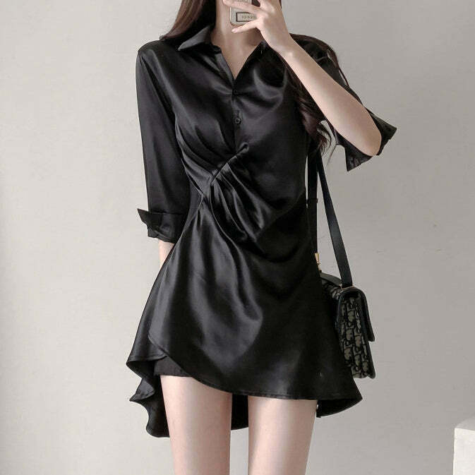 Silk Polo Collar Shirt Dress: Trendy Gen Z K-POP Streetwear in Y2K Style