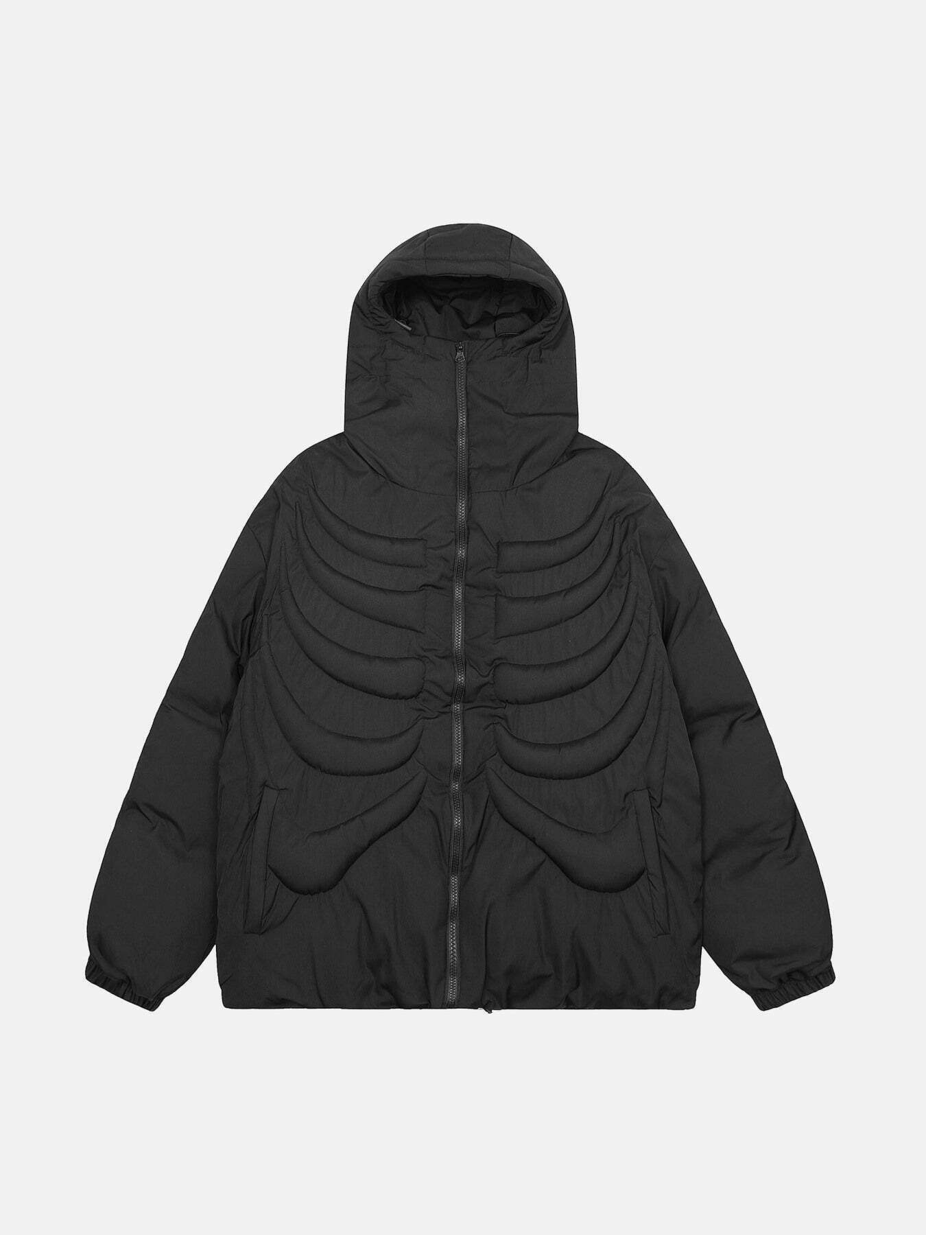 Skeleton Embossed Padded Hoodie for Gen Z Streetwear & K-POP Fashion