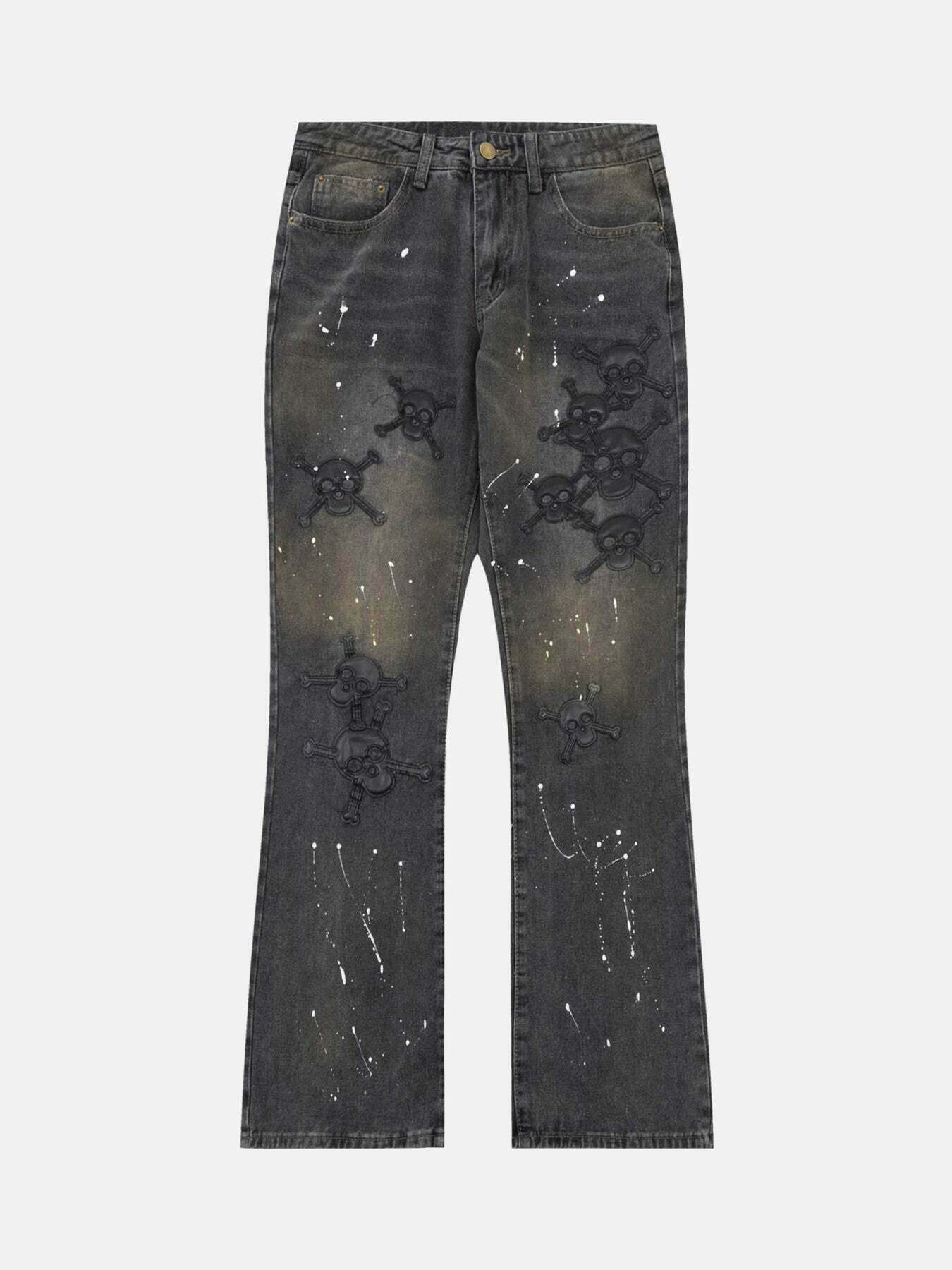 Skull Splash Ink Micro-flared Jeans: Edgy Gen Z Streetwear for K-POP & Y2K Fashion