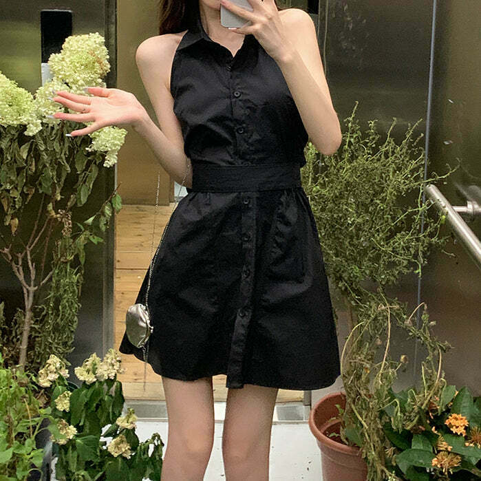 Sleeveless Button-Up A-Line Dress: Gen Z K-POP Streetwear Style