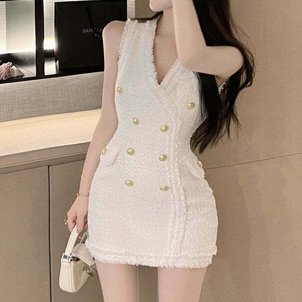 Sleeveless V-Neck Double-Breasted Dress for Gen Z Streetwear