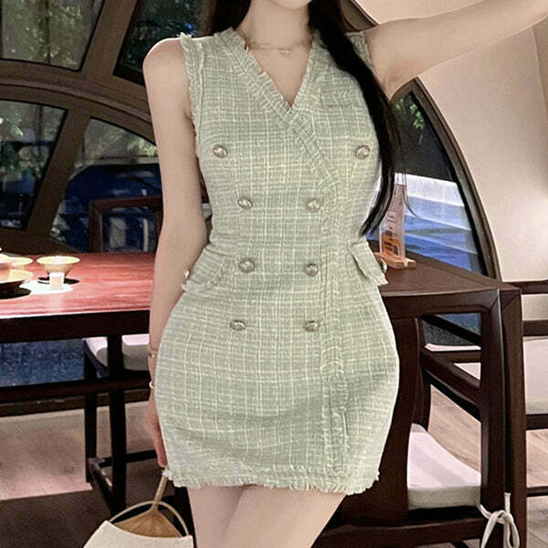 Sleeveless V-Neck Double-Breasted Dress for Gen Z Streetwear