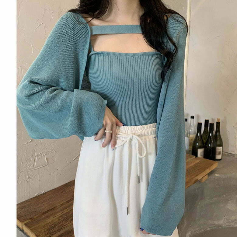 Solid Color Knitted Bolero Cardigan Set for Gen Z Streetwear Fashion