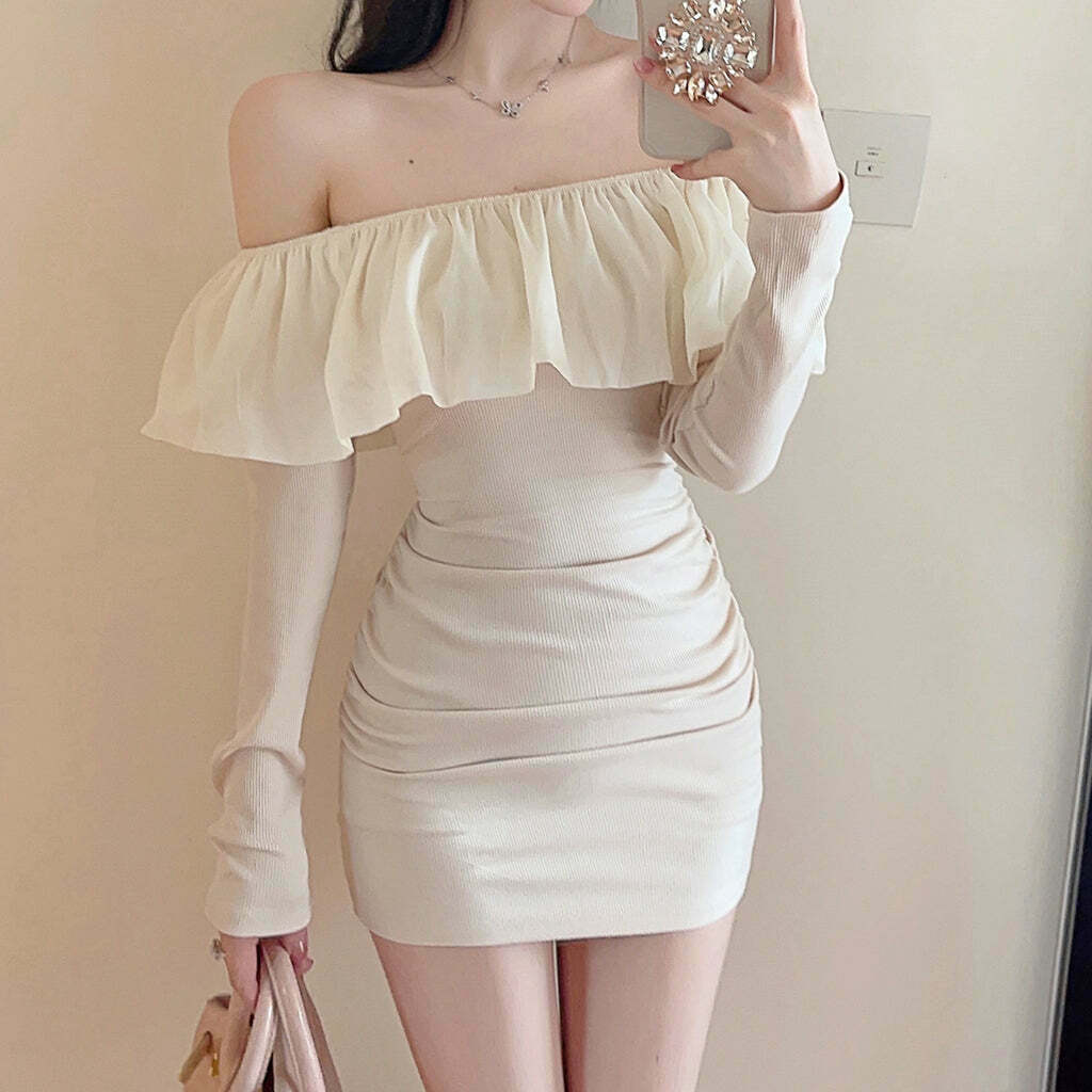 Solid Color Off-Shoulder Stretch Dress for Gen Z Streetwear