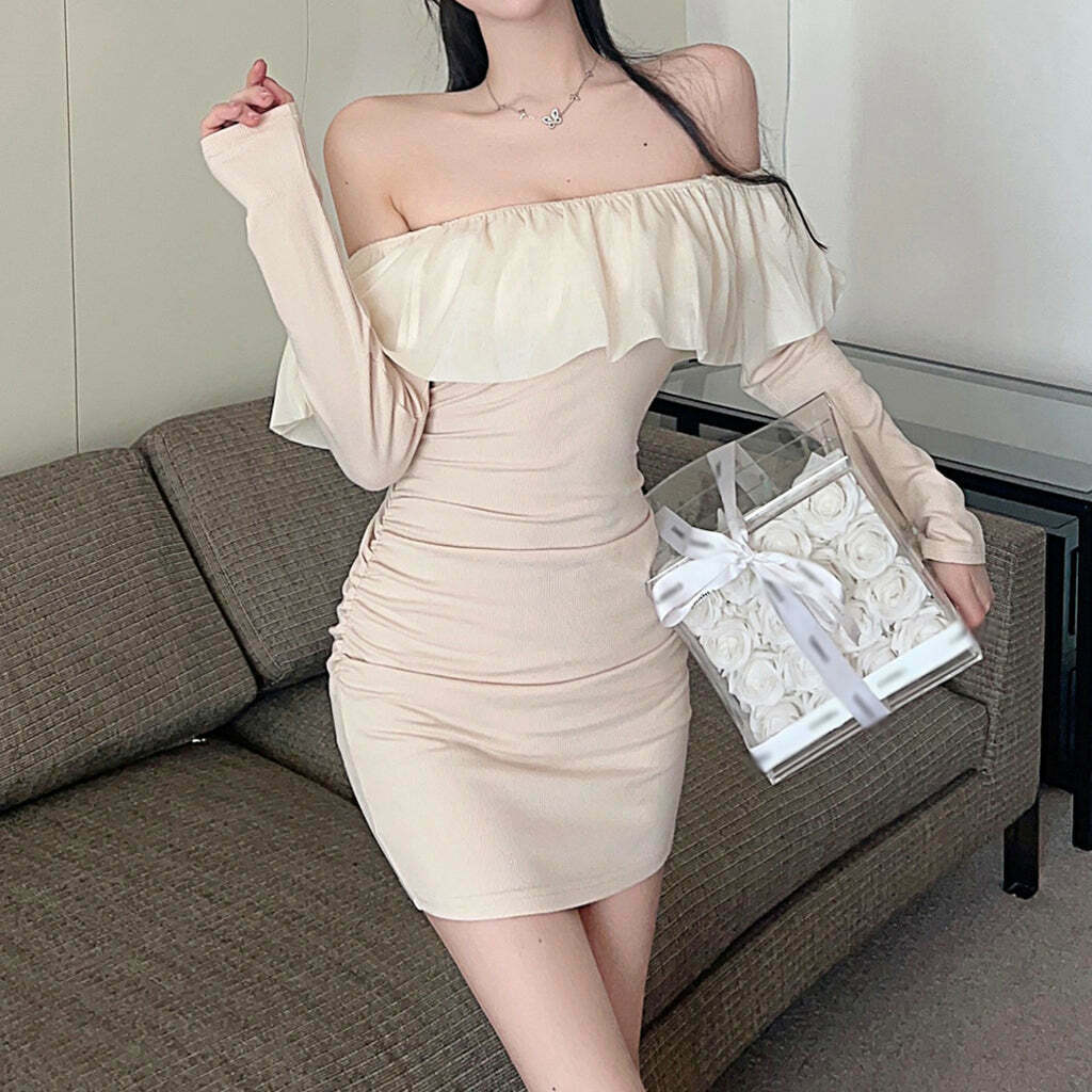 Solid Color Off-Shoulder Stretch Dress for Gen Z Streetwear