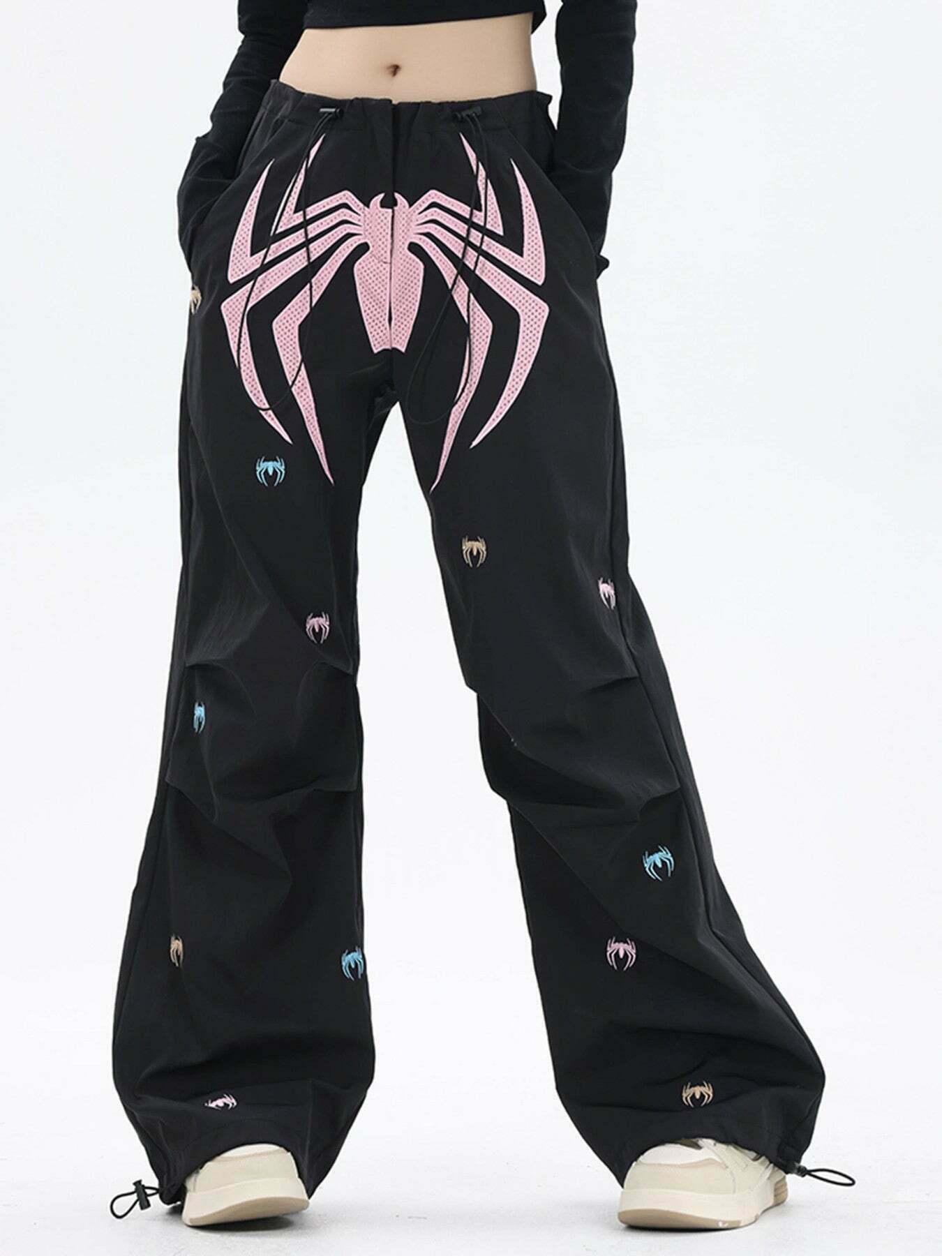 Spider Embroidered Wide Leg Pants for Gen Z Fashion - Y2K Streetwear