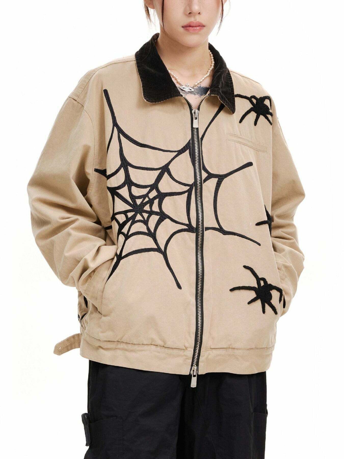 Spider Web Embroidered Denim Jacket: Trendy Gen Z Streetwear