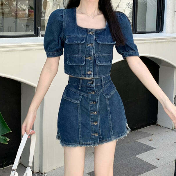 Square Neck Denim Top with A-Line Shorts: Trendy Gen Z K-POP Streetwear Set