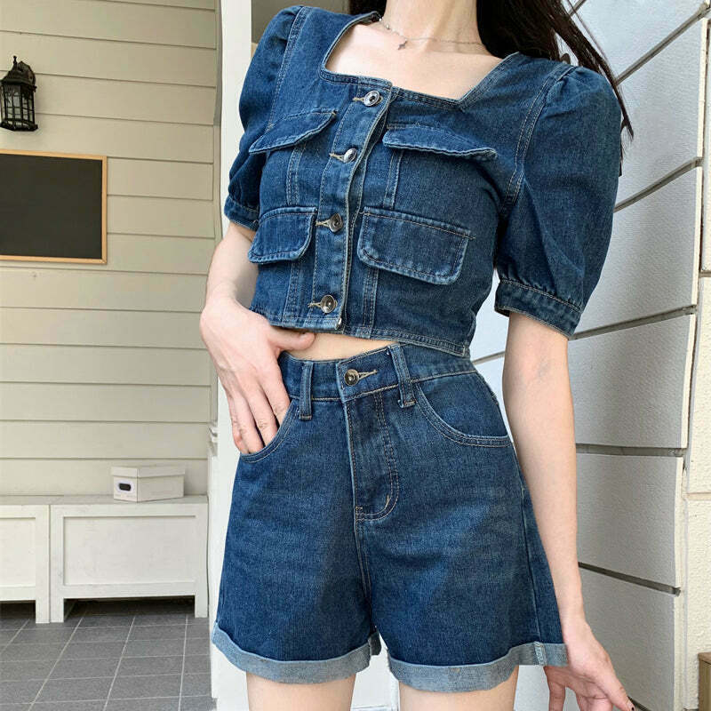 Square Neck Denim Top with A-Line Shorts: Trendy Gen Z K-POP Streetwear Set