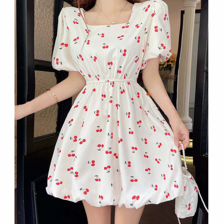 Square Neck Floral Dress with Puff Sleeves - Trendy Gen Z Fashion