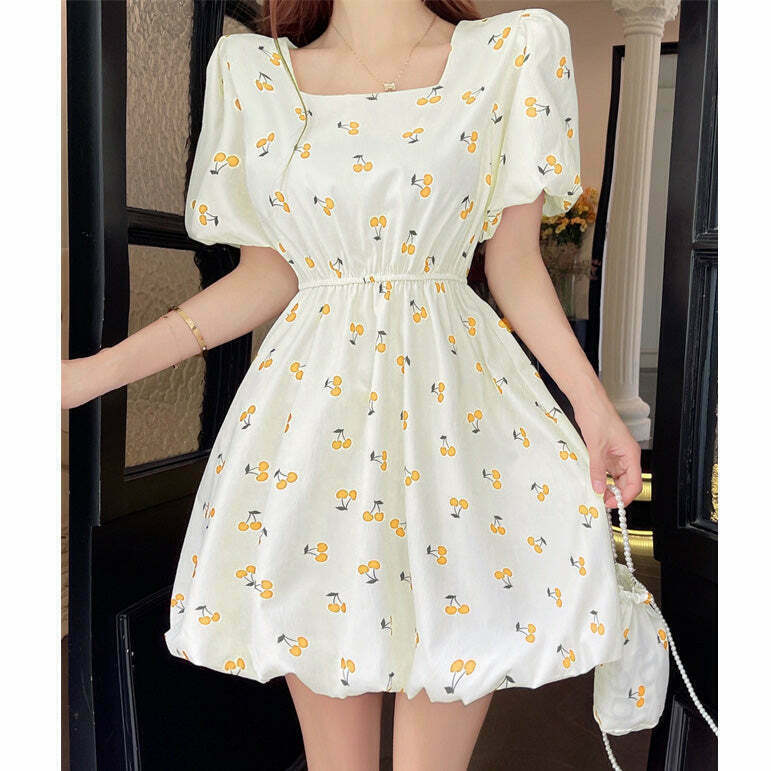 Square Neck Floral Dress with Puff Sleeves - Trendy Gen Z Fashion