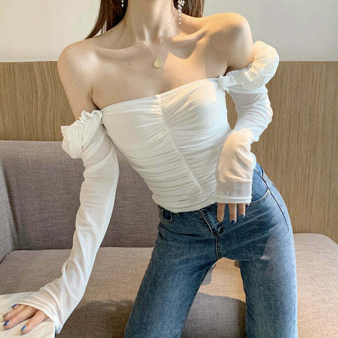 Square Neck Puff Sleeve Chiffon Top: Gen Z K-POP Streetwear Y2K Style