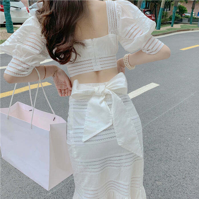 Square Neck Top with Bowknot Mermaid Skirt - Gen Z K-POP Streetwear Set