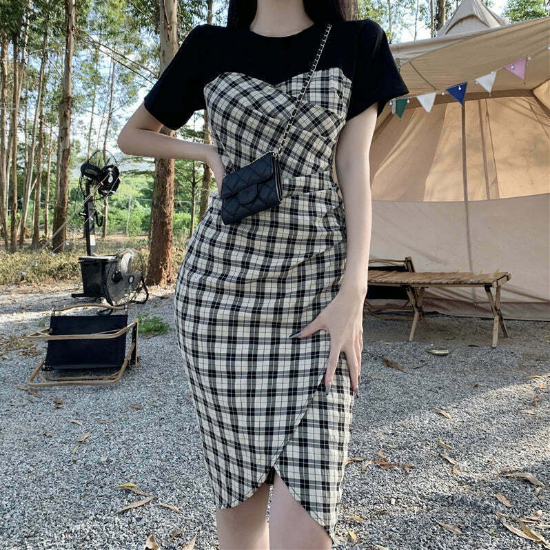 Stitching Plaid Slit One-Step Dress for Gen Z Streetwear