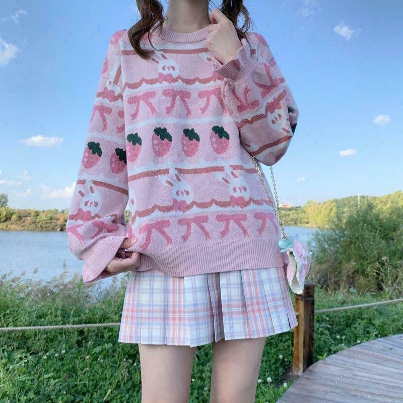 Strawberries & Cream Fairy Princess Sweater - Gen Z K-POP Streetwear