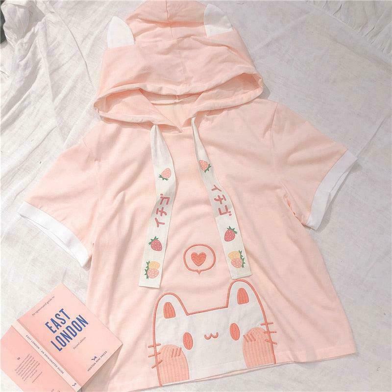 Strawberry Koneko Y2K Cat Print Streetwear Top for Gen Z Fashion