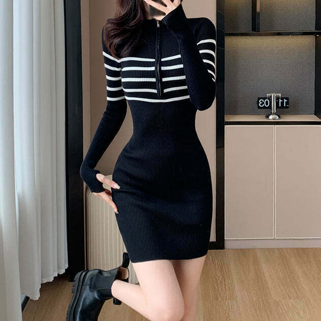 Stretch-Zip Bodycon Turtleneck Dress: Gen Z K-POP Streetwear Y2K Style