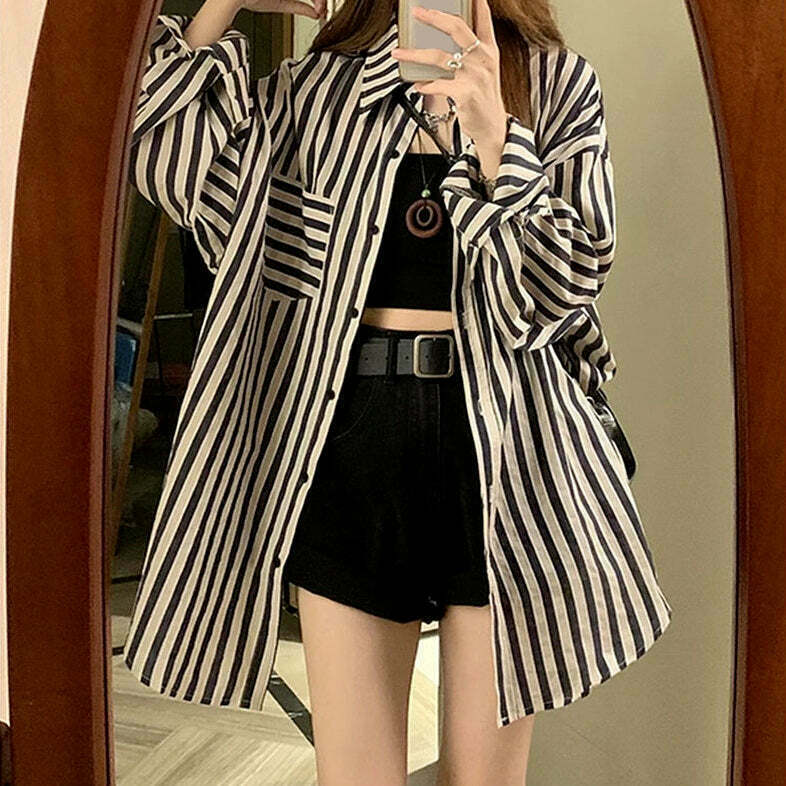 Striped Black & White Cardigan Shirt for Sun Protection - Gen Z K-POP Streetwear