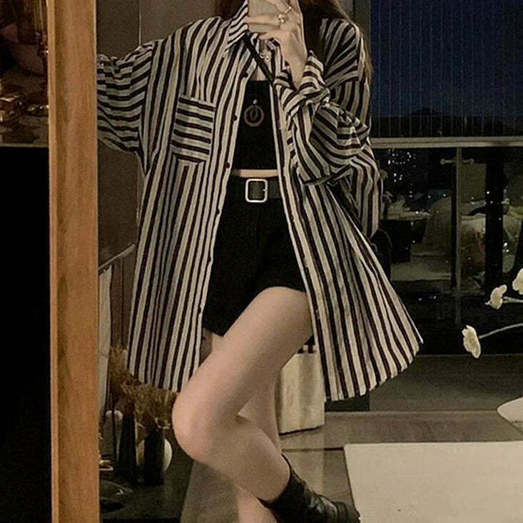 Striped Black & White Cardigan Shirt for Sun Protection - Gen Z K-POP Streetwear