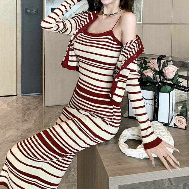 Striped Knit Dress & Long-Sleeve Cardigan Set for Gen Z Fashion: Y2K Streetwear & K-POP Style