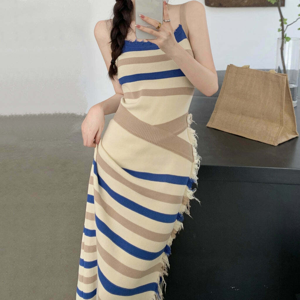 Striped Knit Slip Dress with Contrast Slit - Gen Z K-POP Streetwear Y2K Fashion