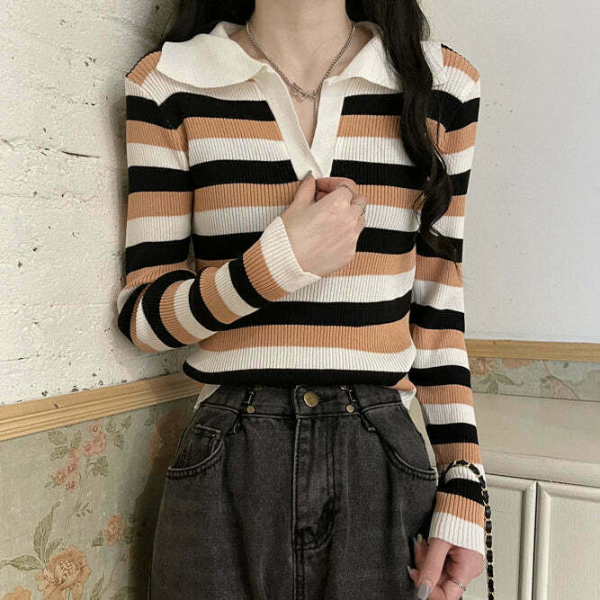 Striped Lapel Long Sleeve Knit Top for Gen Z Fashion: Y2K Streetwear