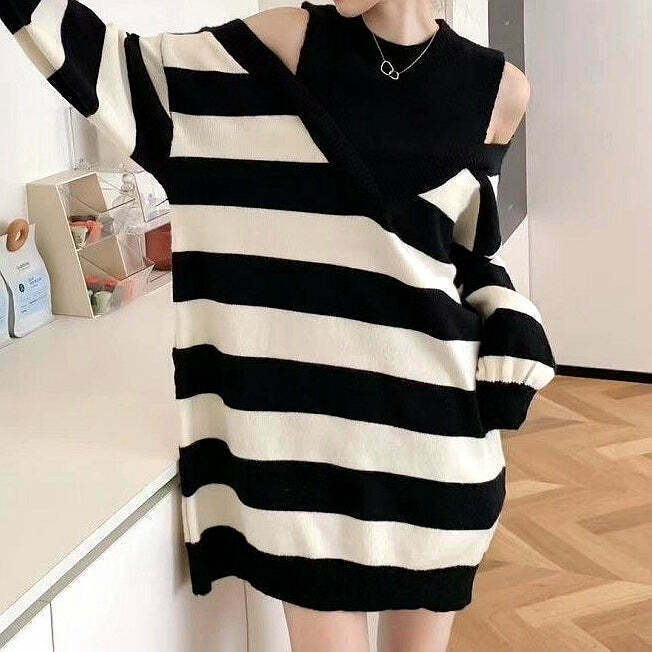 Striped Off-Shoulder Sweater: Gen Z K-POP Streetwear Style