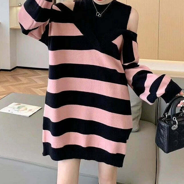 Striped Off-Shoulder Sweater: Gen Z K-POP Streetwear Style