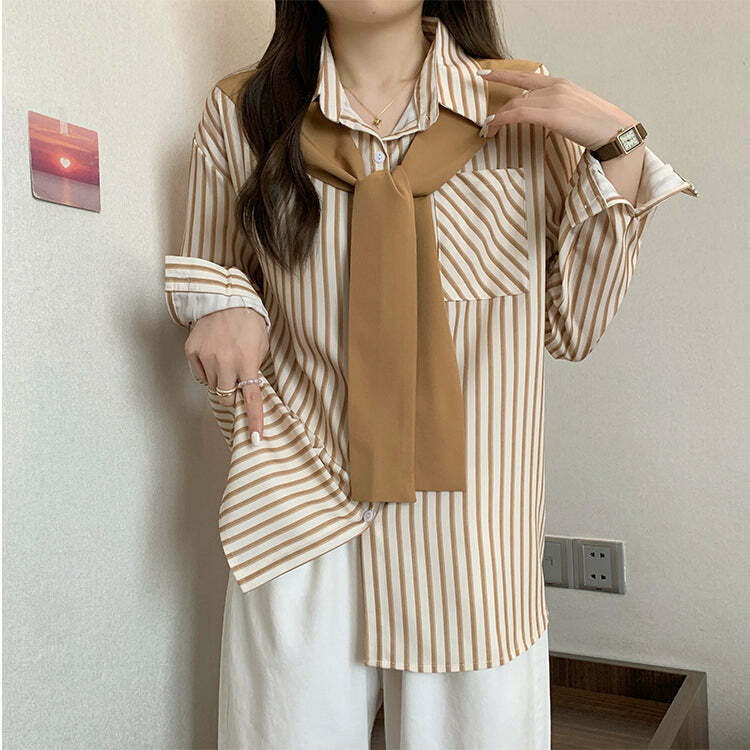 Striped Shirt with Shawl Detail - Gen Z K-POP Streetwear