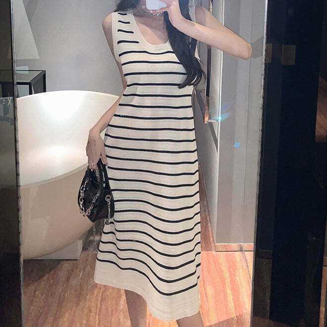 Striped Sleeveless Knit Dress: Gen Z K-POP Streetwear Y2K