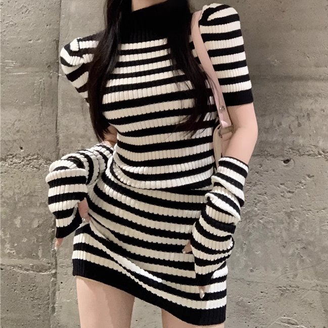 Striped Slim Sleeve Knit Dress: Gen Z K-POP Streetwear Fashion