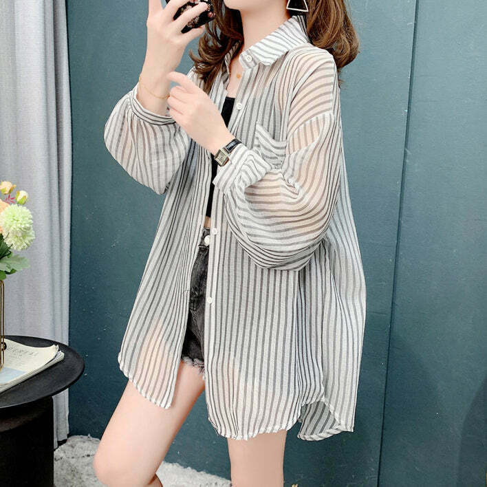 Striped Sun Protection Cardigan: Trendy Plus Size Streetwear