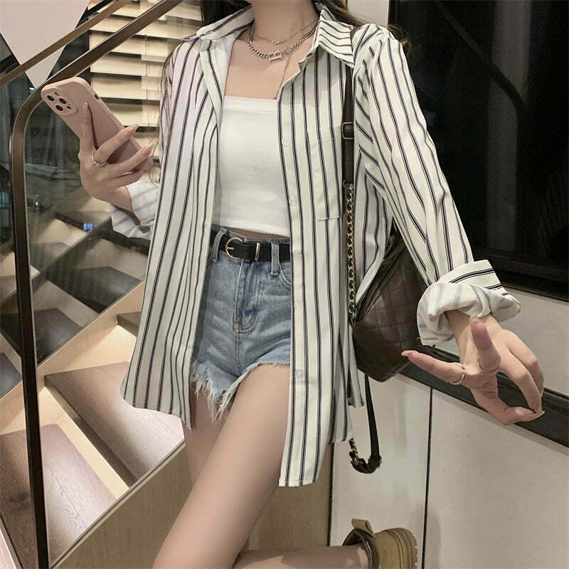 Striped Sunscreen Shirt: Trendy Long Sleeve Top for Gen Z Fashionistas